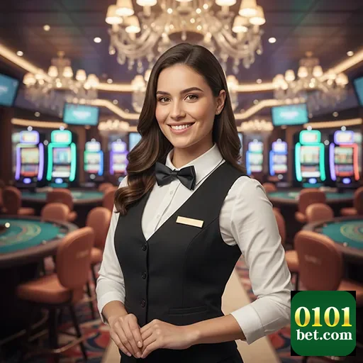 Atendente da 0101bet em cassino com mesas de jogos atrás.